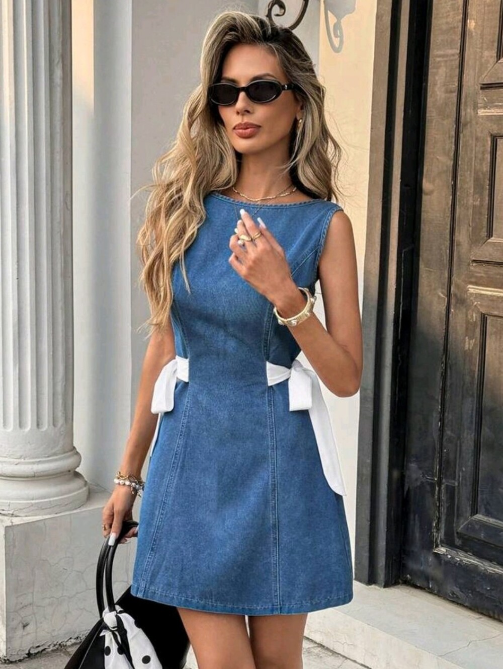 Women's Casual Cinched Waist Sleeveless Denim Dress, Summer Spring To Su - Picture 3 of 5